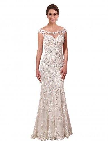 Affordable Illusion Bateau Neckline Fit and Flare Lace Wedding Dress UK