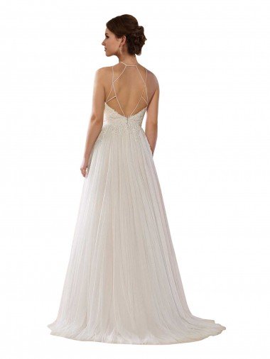 Affordable Illusion Halter Lace Boho Wedding Dress with Plunging Sweetheart Bodice UK