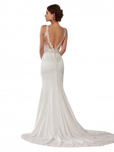 Affordable Modern Deep V-Neck Sheath Lace Wedding Dress with Open V-Back UK