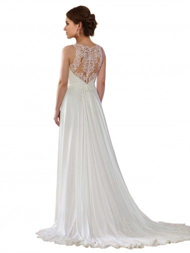 Affordable Illusion Neck A-Line Chiffon Beach Wedding Dress with Lace Halter Neckline UK