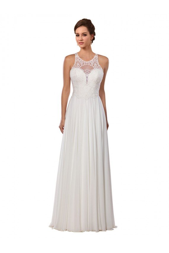 Affordable Illusion Neck A-Line Lace and Chiffon Beach Wedding Dress UK
