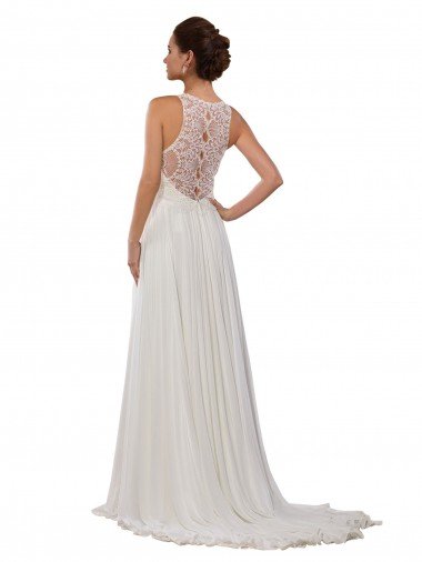 Affordable Illusion Neck A-Line Lace and Chiffon Beach Wedding Dress UK