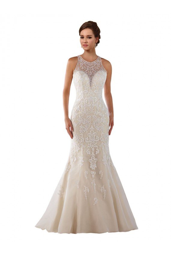 Affordable High Neck Mermaid Lace Wedding Dress with Illusion Back UK