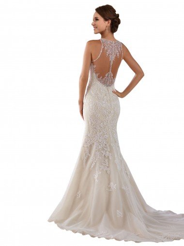 Affordable High Neck Mermaid Lace Wedding Dress with Illusion Back UK