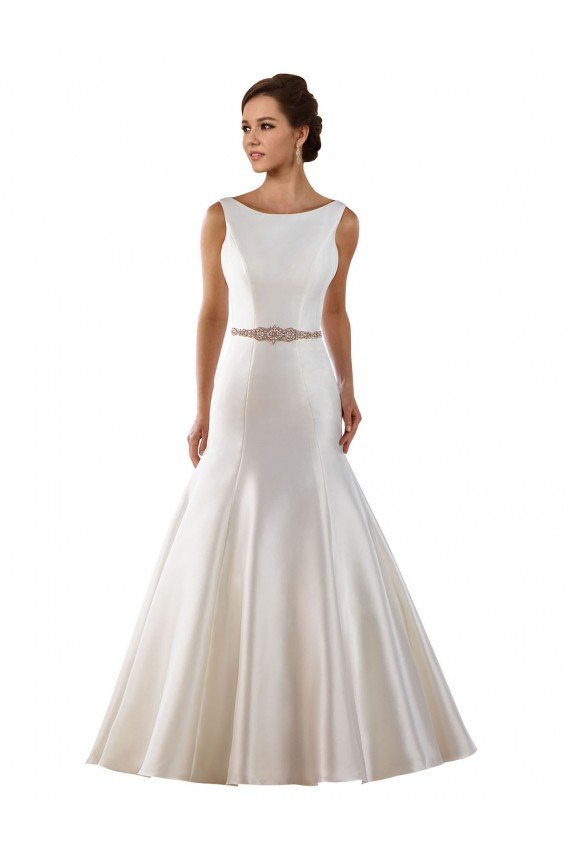 Affordable Modern Boat Neck Mermaid Satin Wedding Dress with Deep V-Back UK