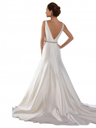 Affordable Modern Boat Neck Mermaid Satin Wedding Dress with Deep V-Back UK