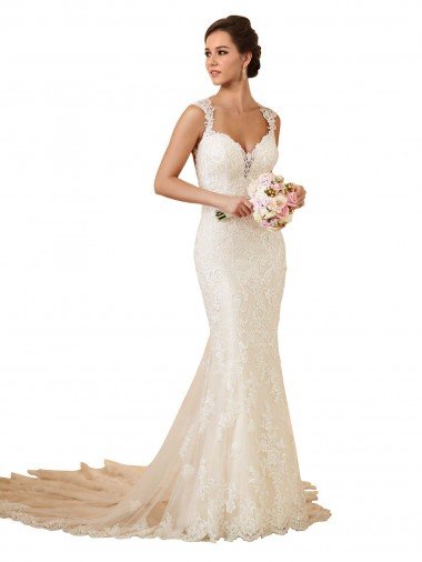 Affordable Modern Chapel Train Sweetheart Mermaid Lace Wedding Dress with Keyhole Back UK