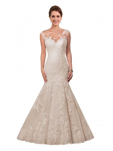 Affordable Fit and Flare Illusion Neck Lace Wedding Dress UK