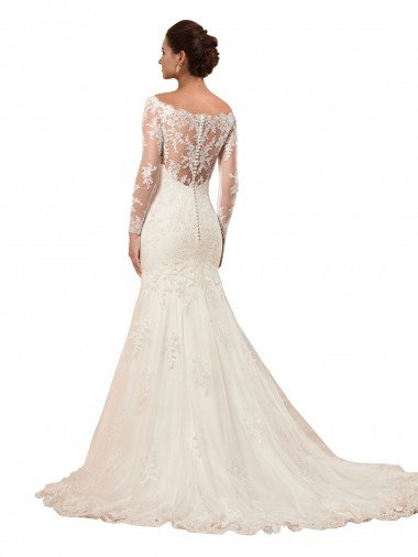 Affordable Long Sleeves Mermaid Lace Wedding Dress with Illusion Back UK