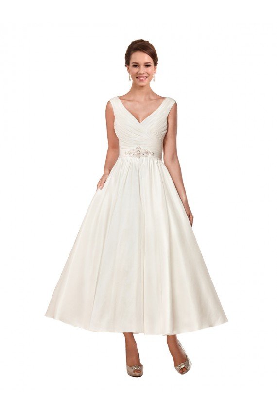 Affordable V-Neck A-Line Short Ankle Length Satin Wedding Dress UK