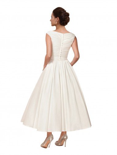 Affordable V-Neck A-Line Short Ankle Length Satin Wedding Dress UK