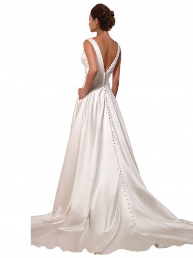 Affordable Deep V-Neck A-Line Satin Wedding Dress with Pockets UK