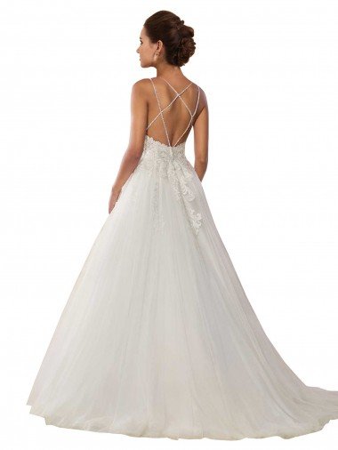 Affordable Modern Spaghetti Straps Ball Gown Tulle Wedding Dress with Lace Bodice UK