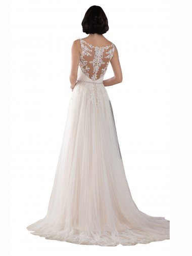 Affordable High Lace Neck Illusion Back Tulle Boho Wedding Dress UK