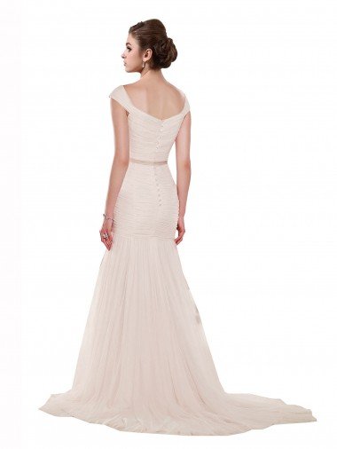 Affordable Cap Sleeves Off the Shoulder Ruched Mermaid Tulle Beach Wedding Dress UK