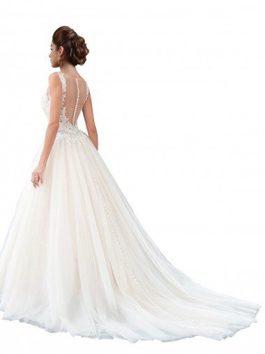 Affordable Illusion Neck A-Line Tulle Beach Wedding Dress with Lace Bodice UK