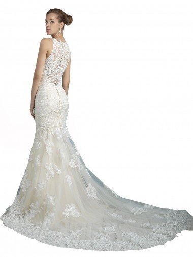 Affordable Deep Illusion Neck Mermaid Tulle Beach Wedding Dress with All Over Lace UK