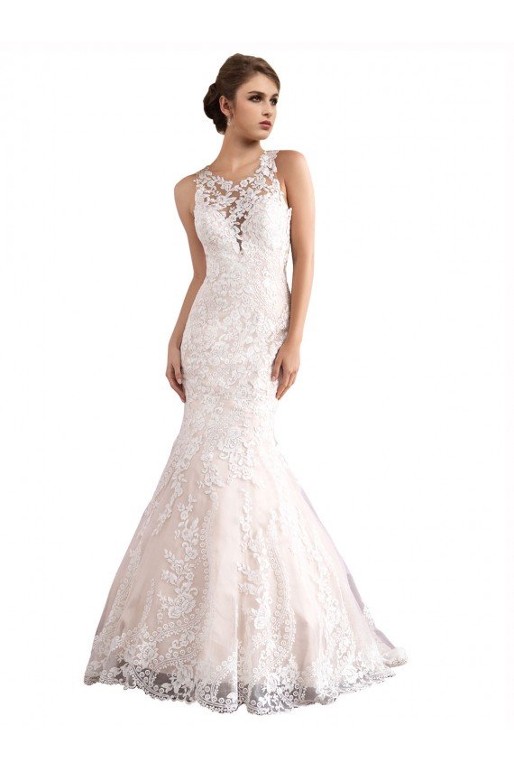 Affordable Illusion Neck Fit and Flare Tulle Wedding Dress with All Over Lace UK
