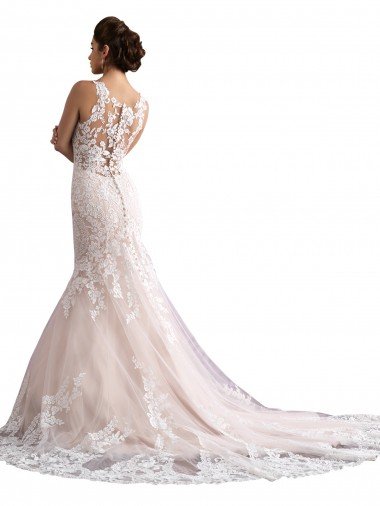 Affordable Illusion Neck Fit and Flare Tulle Wedding Dress with All Over Lace UK