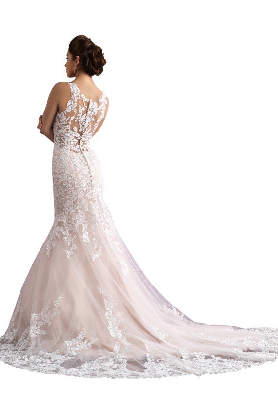 Affordable Illusion Neck Fit and Flare Tulle Wedding Dress with All Over Lace UK