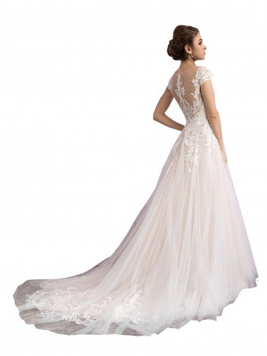 Affordable Illusion Cap Sleeves A-Line Tulle Beach Wedding Dress with Lace Bodice UK