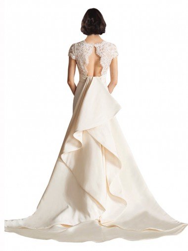 Affordable V-Neck Lace Bodice A-Line Satin Wedding Dress with Keyhole Back UK