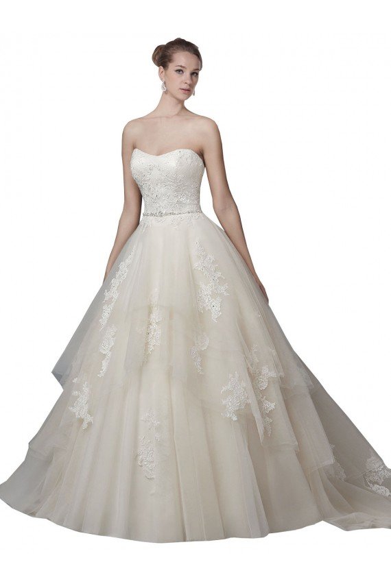 Affordable Strapless Ball Gown Tulle Wedding Dress with Lace Appliques UK