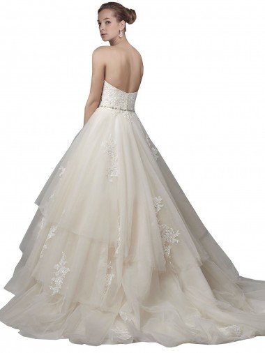 Affordable Strapless Ball Gown Tulle Wedding Dress with Lace Appliques UK