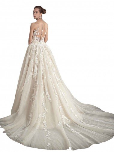 Affordable Illusion Neck A-Line Tulle Wedding Dress UK