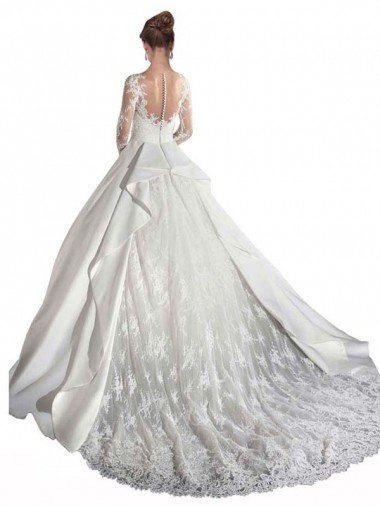 Affordable Long Sleeves Illusion Neck A-Line Satin Wedding Dress with Lace Bodice UK