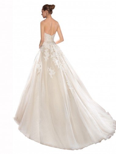 Affordable Strapless Ball Gown Tulle Wedding Dress with Lace Cascades UK