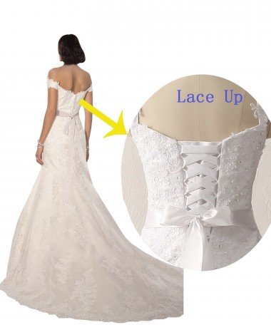 Affordable Off the Shoulder Mermaid Lace Beach Wedding Dress with Beaded Belt UK