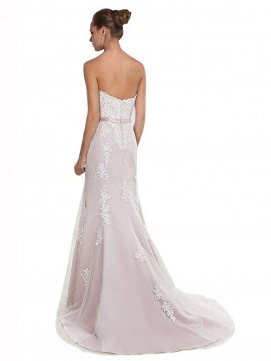 Affordable Strapless Mermaid Tulle Lace Beach Wedding Dress with Belt UK
