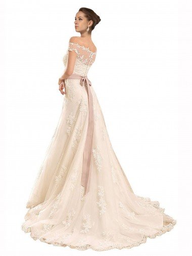 Affordable Off the Shoulder Illusion Back A-Line Lace Beach Wedding Dress UK