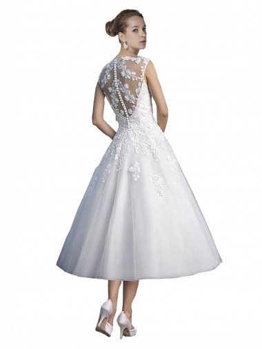 Affordable A-Line Short Tea Length Sweetheart Tulle Lace Beach Wedding Dress UK