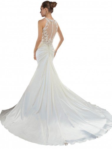 Affordable Sweetheart Mermaid Satin Beach Wedding Dress with Illusion Lace Back UK