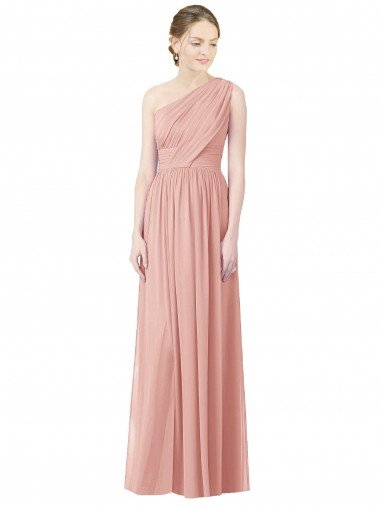 Affordable One Shoulder Long Chiffon Bridesmaid Dress with Shirred Waistband UK