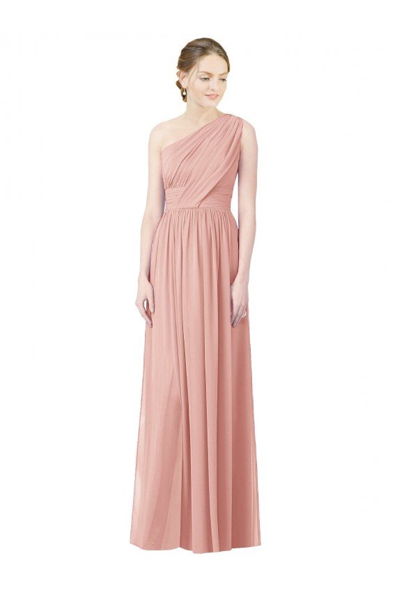 Affordable One Shoulder Long Chiffon Bridesmaid Dress with Shirred Waistband UK