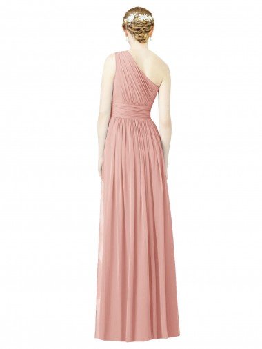 Affordable One Shoulder Long Chiffon Bridesmaid Dress with Shirred Waistband UK