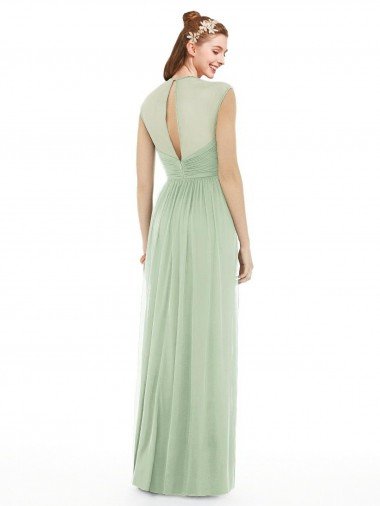 Affordable Sheer Back Cap Sleeves Long Chiffon Bridesmaid Dress  UK