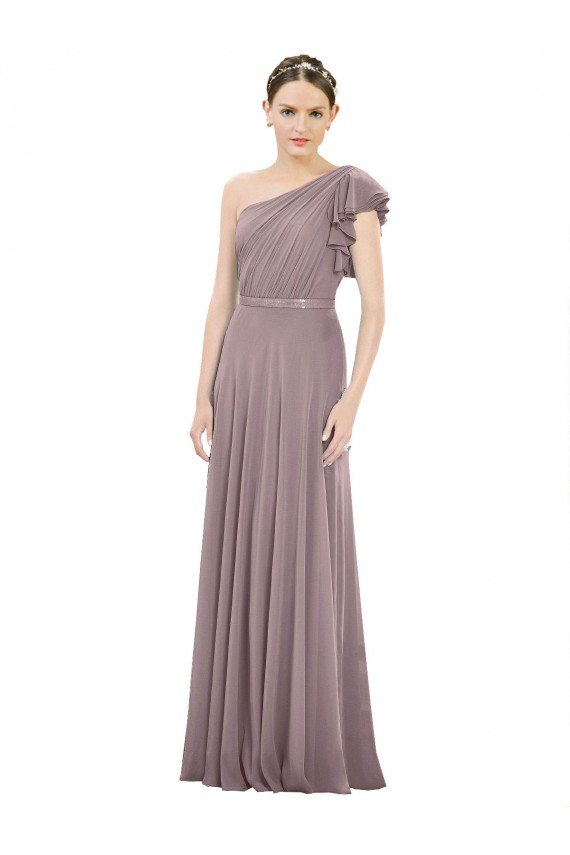 Affordable Full Length One Shoulder Chiffon Bridesmaid Dress with Shoulder Ruffle UK
