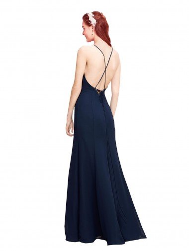 Affordable High Halter Fit and Flare Long Chiffon Bridesmaid Dress / Prom Dress with Criss Cross Low Back UK