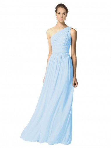 Affordable One Shoulder Long Chiffon Bridesmaid Dress with Shirred Bodice and Front Keyhole UK