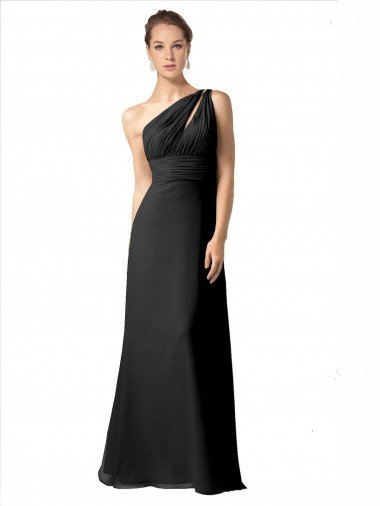 Affordable One Shoulder Full Length Chiffon Bridesmaid Dress with Shirred Bodice UK
