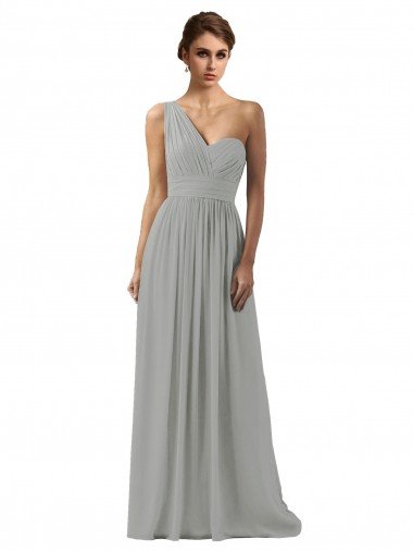 Affordable Ruffled One Shoulder Floor Length Long Chiffon Bridesmaid Dress UK