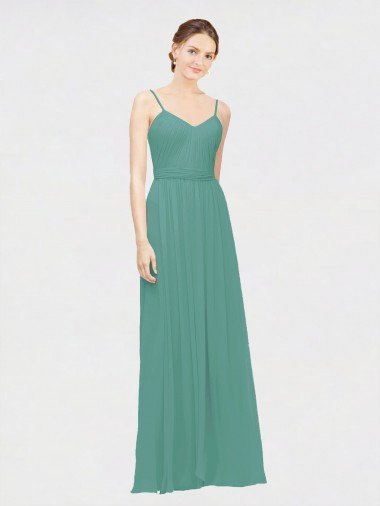 Affordable Rouched V-Neckline and Spaghetti Straps Long Chiffon Bridesmaid Dress UK