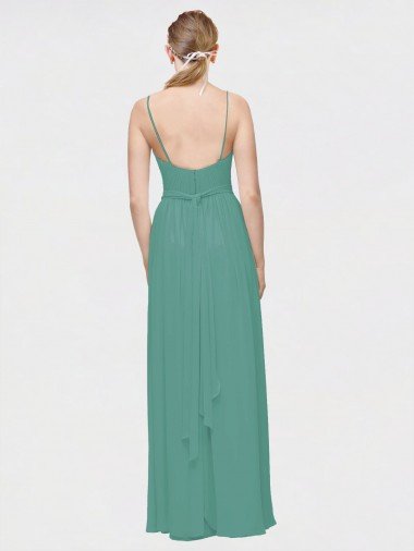 Affordable Rouched V-Neckline and Spaghetti Straps Long Chiffon Bridesmaid Dress UK