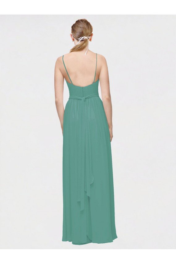 Affordable Rouched V-Neckline and Spaghetti Straps Long Chiffon Bridesmaid Dress UK