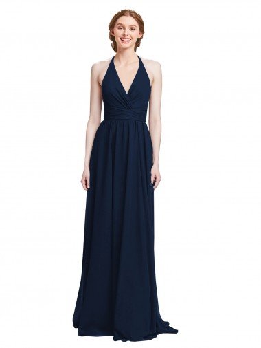 Affordable Halter Chiffon Bridesmaid Dress with V-Neckline and Criss Cross Waist UK