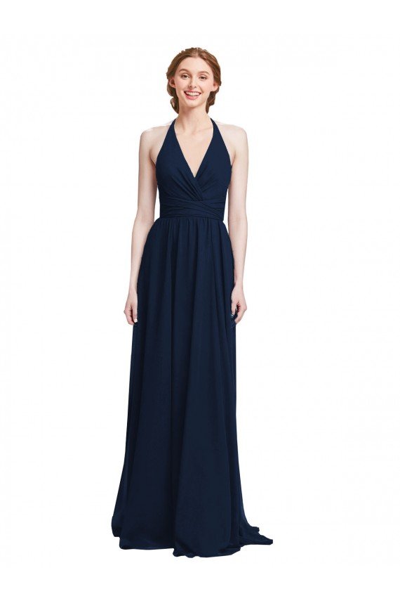 Affordable Halter Chiffon Bridesmaid Dress with V-Neckline and Criss Cross Waist UK